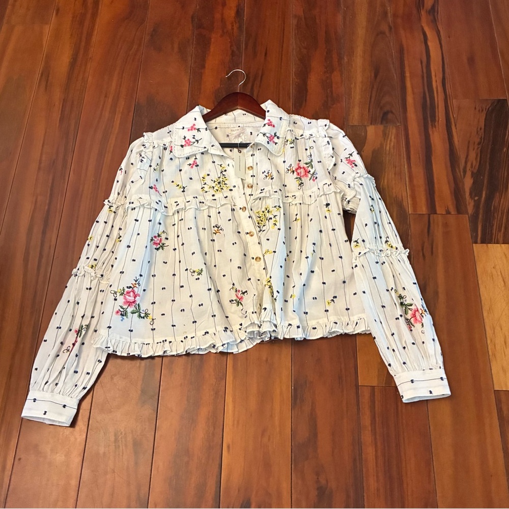 Anthropologie Floral Embroidered Blouse - White and Pink